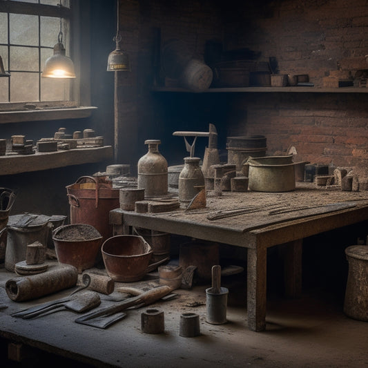 A cluttered, well-lit workshop table with a variety of worn, rusty, and clean masonry hand tools, including trowels, hammers, chisels, and levels, surrounded by scattered brick fragments and dust.