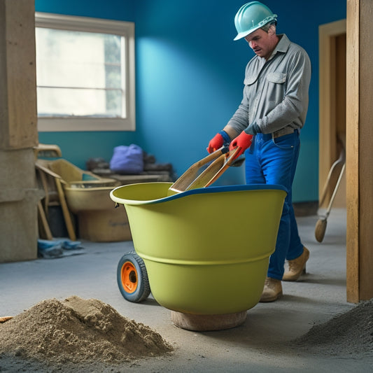 A person in a hard hat and gloves, holding a mixing stick, standing in front of a wheelbarrow filled with cement, with a shovel and trowel nearby, in a home renovation setting.