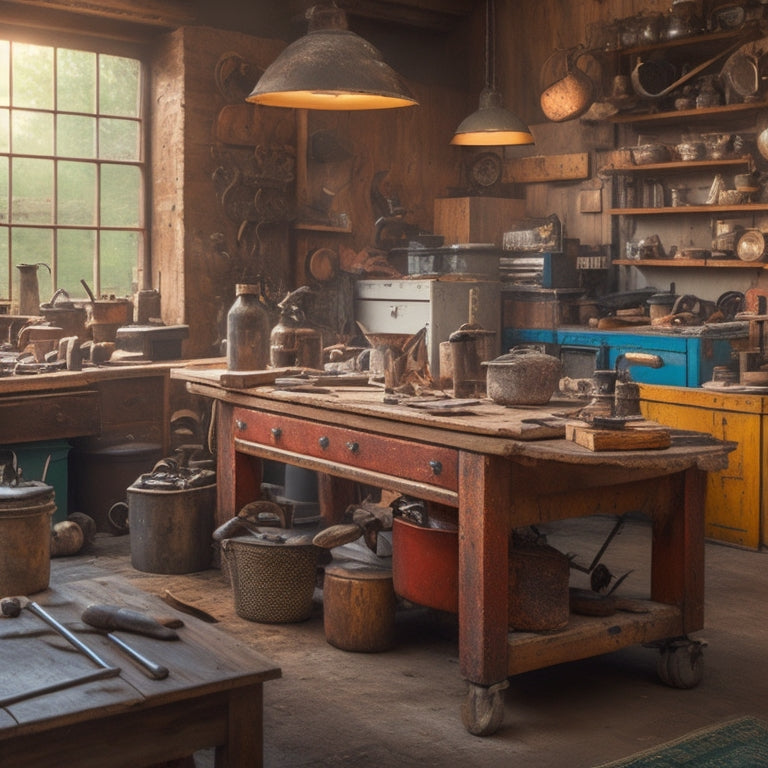 A cluttered workshop with a mixture of old, rusty tools and brand new, shiny ones, with a renovated room in the background, featuring a beautifully crafted wooden table and a sleek, modern kitchen island.