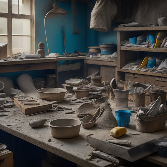 A cluttered workbench with 10 assorted plastering trowels, each with unique handle shapes and sizes, surrounded by scattered plaster dust, construction gloves, and half-finished DIY renovation projects.