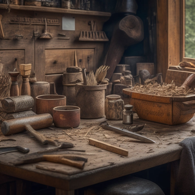 A cluttered wooden workbench with various carving tools scattered on it, including chisels, gouges, mallets, and a wooden vice, surrounded by shavings and half-carved wooden decorative elements.