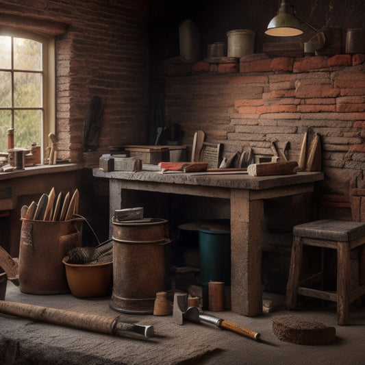 A cluttered but organized workbench with various DIY masonry tools, including a trowel, level, jointer, and hammer, surrounded by scattered bricks, mortar, and a partially built stone wall in the background.