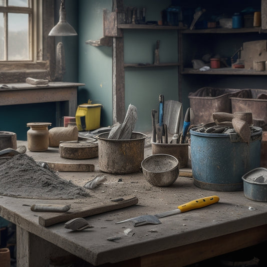 A cluttered but organized workbench with various plastering tools laid out, including a hawk, trowel, joint knife, putty knife, and bucket, amidst scattered plaster dust and scattered renovation plans.