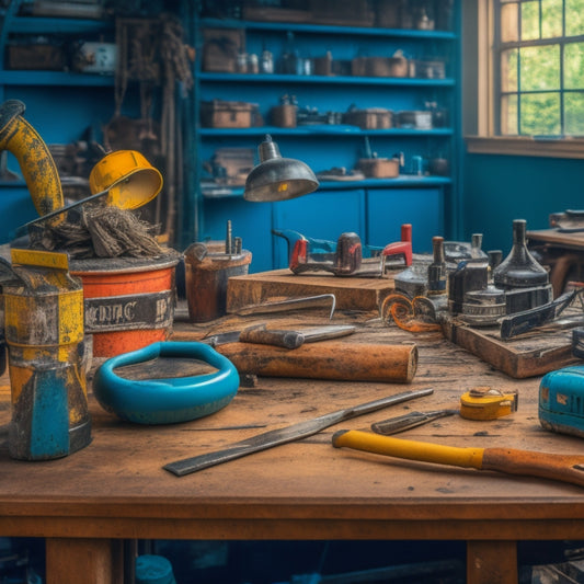 A cluttered workspace with worn-out tools scattered around, contrasted with a tidy area featuring a few high-quality, sleek renovation tools, such as a precision drill and a sturdy hammer, on a clean workbench.