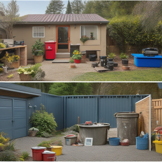 A split-screen image: a cluttered, disorganized backyard with scattered tools and materials, contrasted with a tidy, organized exterior renovation site with labeled bins and a clipboard with a checklist.