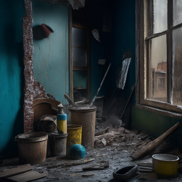 A cracked and water-damaged wall with peeling paint, surrounded by scattered renovation tools and building materials, set against a dark and stormy background with rain pouring in through a broken window.