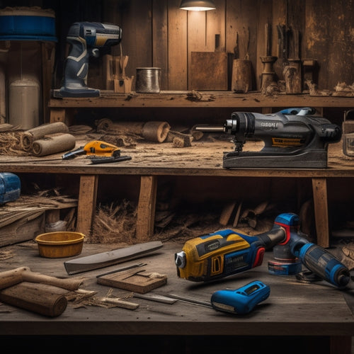 A cluttered workbench with a variety of power tools, including a cordless drill, impact driver, circular saw, jigsaw, and reciprocating saw, surrounded by scattered wood shavings and renovation materials.