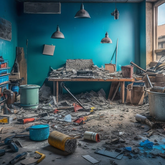 A cluttered workspace with a half-demolished wall, surrounded by various tools: a sledgehammer, pry bar, wrecking ball, and safety goggles, with scattered debris and dust in the air.