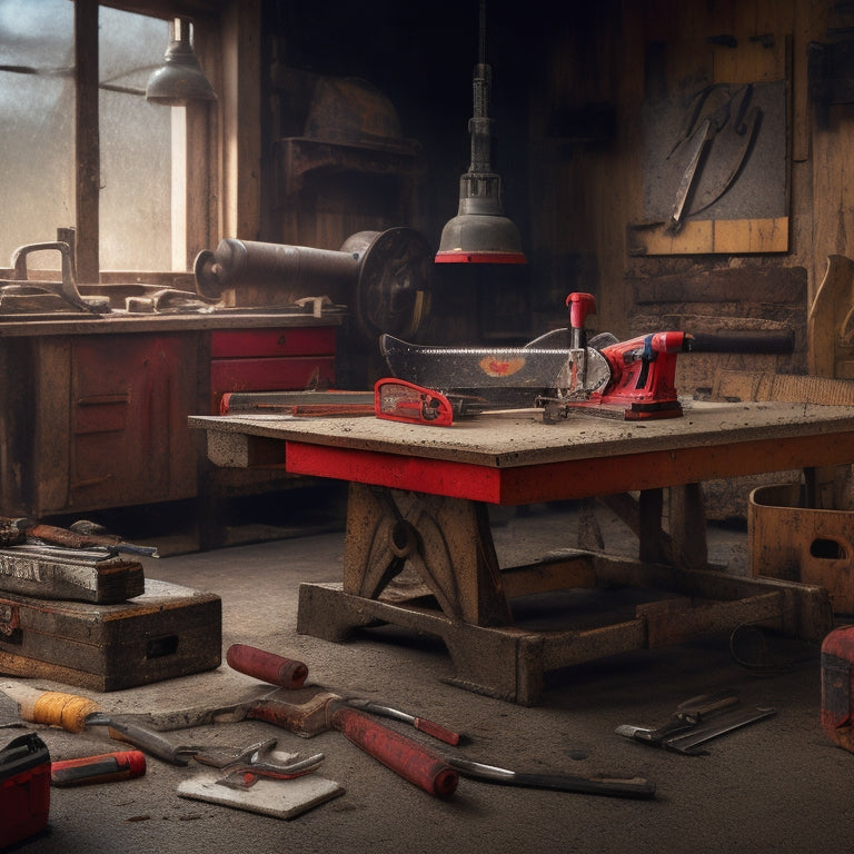 A cluttered workshop background with a worn-out table saw, rusty wrench, and a cracked level, surrounded by scattered tools, with a red "X" symbol overlaid on each item, conveying a sense of warning.