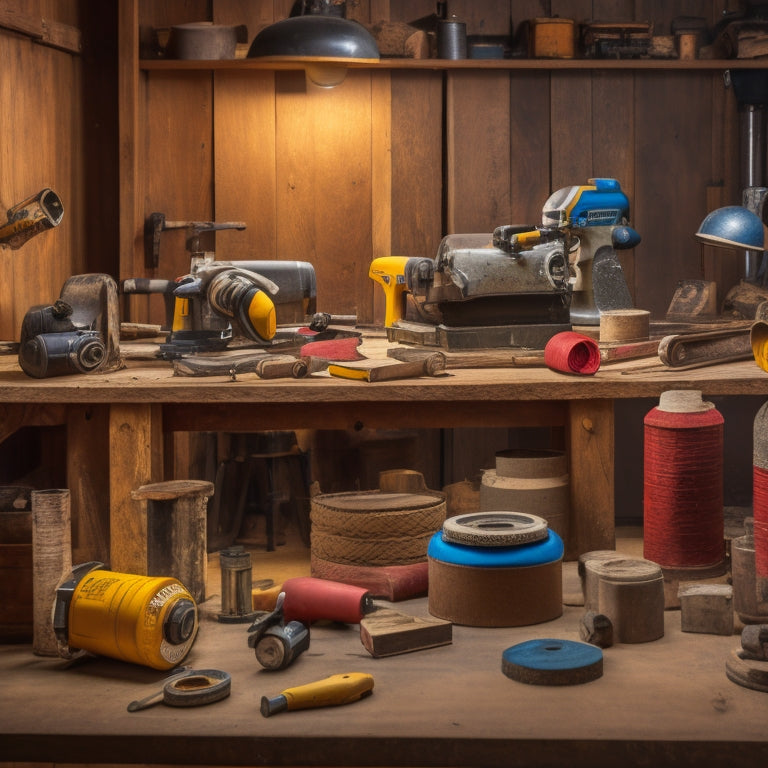 An organized workshop with a variety of tools, including a drum sander, orbital sander, and impact wrench, surrounded by renovation materials like sandpaper, paint, and wooden planks.