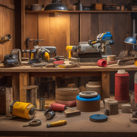 An organized workshop with a variety of tools, including a drum sander, orbital sander, and impact wrench, surrounded by renovation materials like sandpaper, paint, and wooden planks.