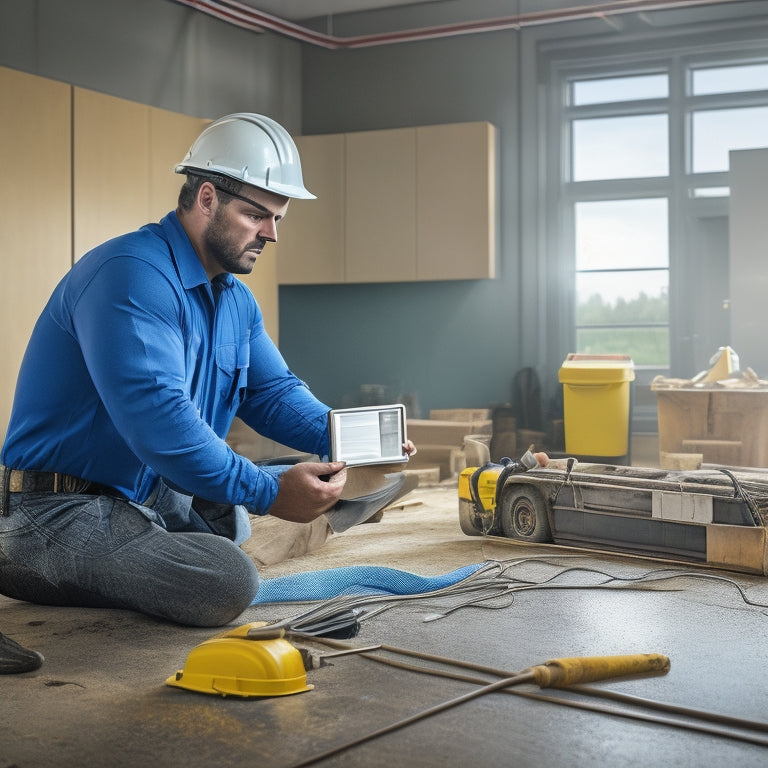 An image of a construction site with a licensed electrician in the foreground, holding a tablet with a blueprint, surrounded by toolboxes and wires, with a faint background of a renovated kitchen or bathroom.