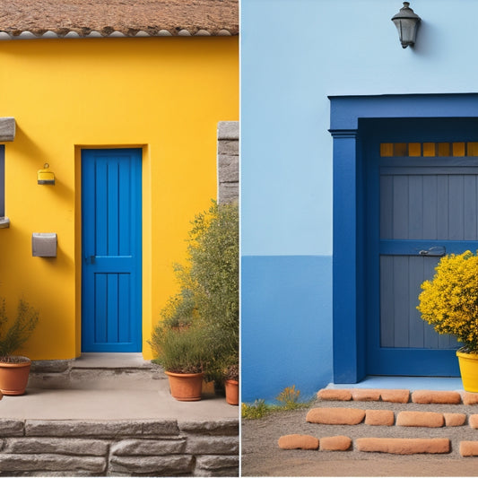 A split-screen image featuring a rustic, weathered exterior wall transformed with a single coat of rich, dark blue-gray paint on one side and a vibrant, sunny yellow on the other.