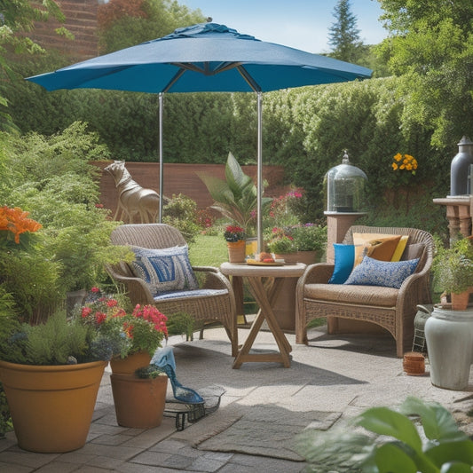 A sunny patio with a mix of power tools, gardening equipment, and outdoor decor, including a cordless drill, pruning shears, and a wicker outdoor sofa, surrounded by lush greenery and potted plants.