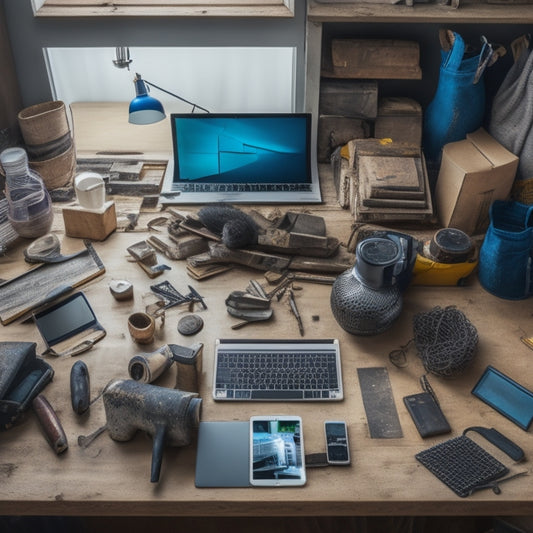 A cluttered but organized home renovation workspace with a laptop and tablet displaying online shopping platforms, surrounded by scattered tools, building materials, and a partially renovated background.