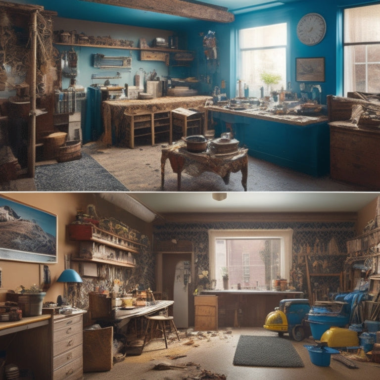 A split-screen illustration featuring a cluttered, outdated room on the left and a modern, renovated space on the right, with various tools and construction materials scattered between.