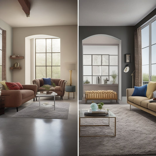 A split-screen image featuring a modern living room with a cracked wall on one side, repaired with various bonding materials (e.g., epoxy, silicone, acrylic) on the other, with subtle hints of construction tools in the background.