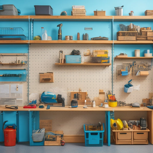 A clutter-free workshop with a pegboard on the wall, holding various tools, and a modular shelving system with labeled bins and baskets, surrounded by a faint blueprint of a house renovation plan.