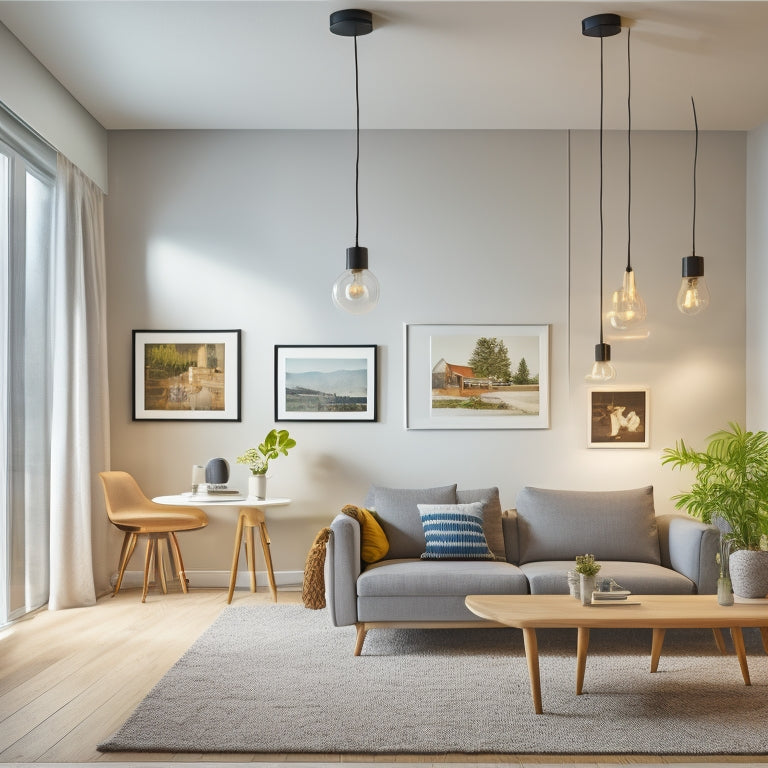 A bright, modern living room with a partially exposed ceiling, showing rewired lighting fixtures, sleek outlets, and a sleek smart home hub on the wall, surrounded by renovation tools and cables.