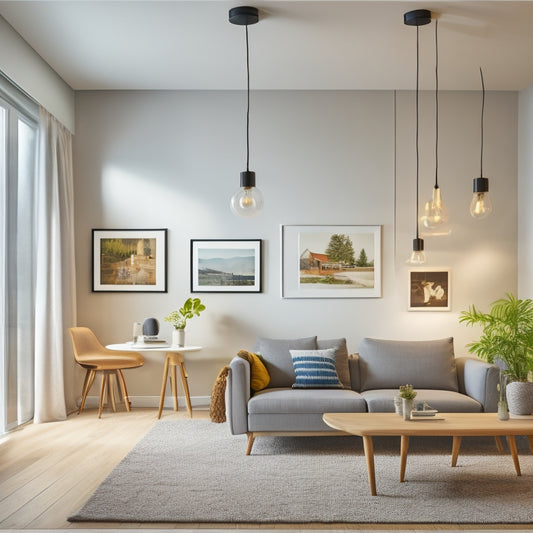 A bright, modern living room with a partially exposed ceiling, showing rewired lighting fixtures, sleek outlets, and a sleek smart home hub on the wall, surrounded by renovation tools and cables.