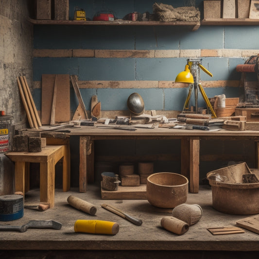 A cluttered workspace with various wall building tools scattered around, including a level, trowel, hammer, and tape measure, surrounded by building materials like bricks, cement, and wooden planks.