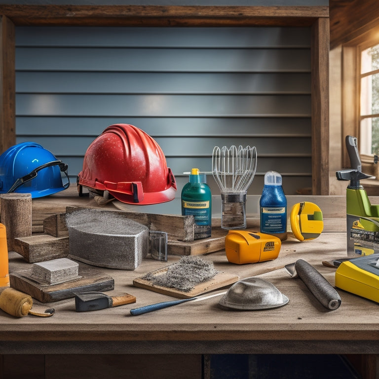 A clutter-free workshop with a variety of safety tools, including a hard hat, safety glasses, earplugs, and a first aid kit, arranged on a wooden workbench against a bright, well-lit background.