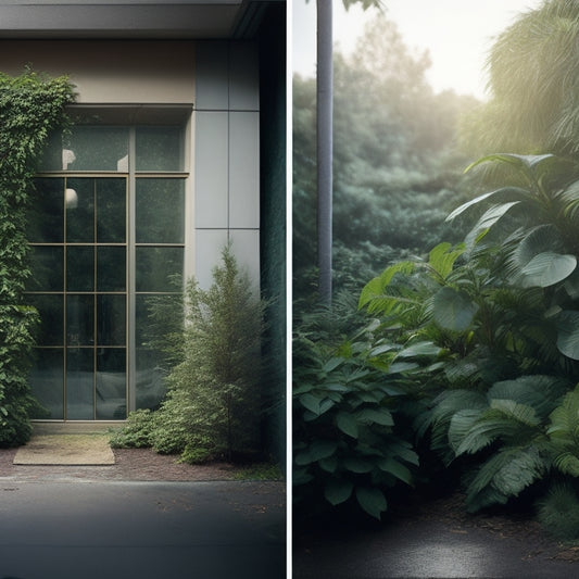 A before-and-after split-screen image: a worn, peeling exterior wall with broken windows and overgrown greenery on the left, and a sleek, modern facade with large glass windows and manicured plants on the right.