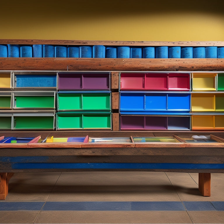 An overhead image of six variously sized, rectangular, steel, rubber-edged mud pans arranged side-by-side, filled with varying levels of paint and surrounded by rollers, extension poles, and painter's tape on a wood workbench.
