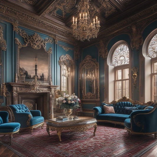 A majestic Victorian-era inspired living room with a beautifully restored plaster ceiling, adorned with intricate moldings and ornate details, surrounded by scaffolding and renovation tools.