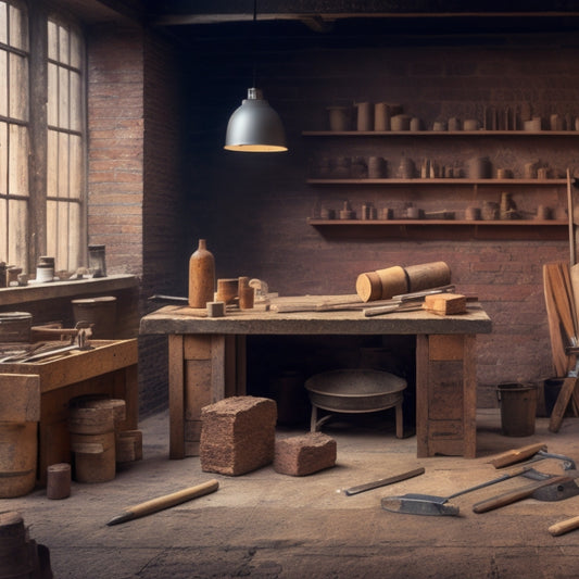 A tidy workshop background with a central, worn wooden table, surrounded by five carefully arranged, well-used bricklaying tools: a trowel, level, jointer, hammer, and spirit level, with a few scattered bricks and mortar.
