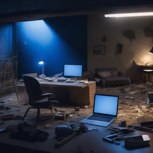 A cluttered, dimly lit room with torn wallpaper, scattered power tools, and a half-demolished wall, transformed into a sleek, modern space with a laptop displaying a renovation design in the foreground.