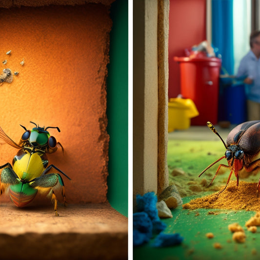 A collage of before-and-after scenes: a cracked wall with insects crawling out, versus a smooth, sealed wall with a satisfied homeowner in the background, amidst renovation tools and materials.