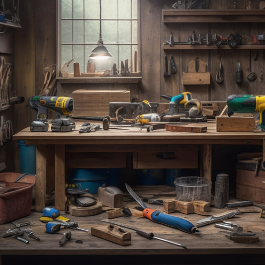 A cluttered, yet organized, wooden workbench with a variety of DIY tools, including a cordless drill, level, tape measure, pliers, hammer, and a small storage bin filled with assorted screws and nails.