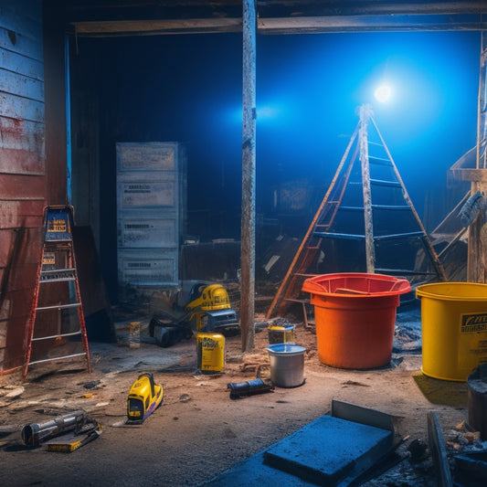 A dimly lit, cluttered construction site with a broken ladder, scattered power tools, and a fallen bucket of paint, surrounded by caution tape and warning signs in the background.