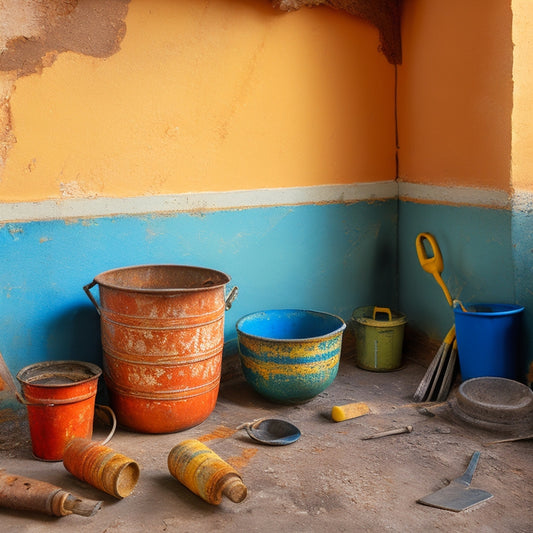 A worn, ornate exterior plaster wall with cracks and peeling paint, surrounded by scattered renovation tools, including a trowel, level, and bucket, with a faint grid pattern in the background.