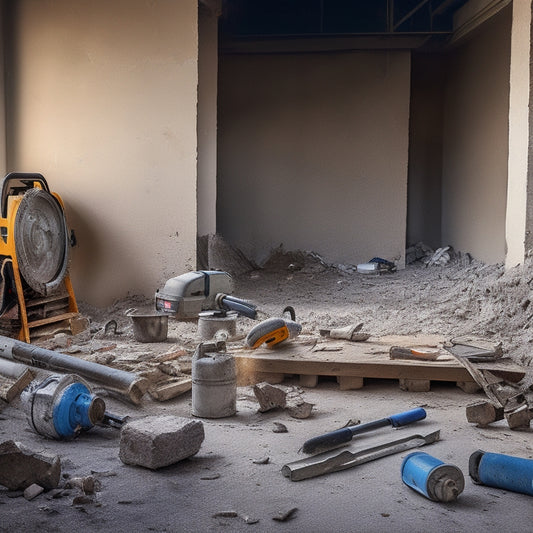 A cluttered construction site with various concrete cutting tools scattered around, including a circular saw, diamond blade, and demolition hammer, amidst partially demolished walls and rubble.