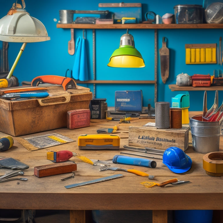 A cluttered workbench with a variety of tools, including a tape measure, level, hammer, and screwdrivers, surrounded by blueprints, a hard hat, and a toolbox with a partially opened lid.