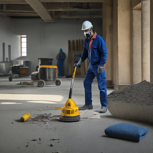 A person wearing protective gear, including gloves, safety glasses, and a dust mask, holds a tamping tool, standing in front of a concrete floor with renovation tools and debris scattered around.