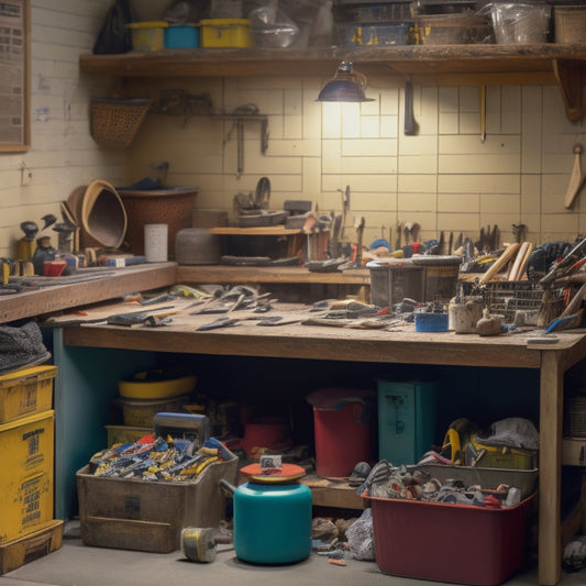 A cluttered workshop with plastering tools scattered on a workbench, next to a pegboard with neatly organized tools, and a storage bin labeled with a color-coded system in the background.