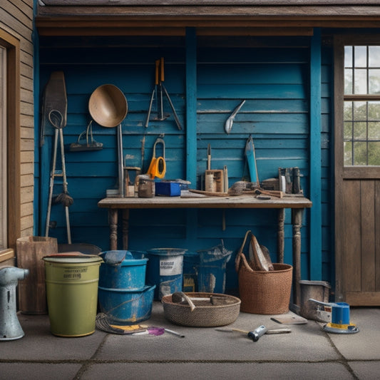 A cluttered exterior renovation workspace with a variety of tools scattered around, including a ladder, trowel, hammer, drill, saw, measuring tape, and buckets of paint and supplies.