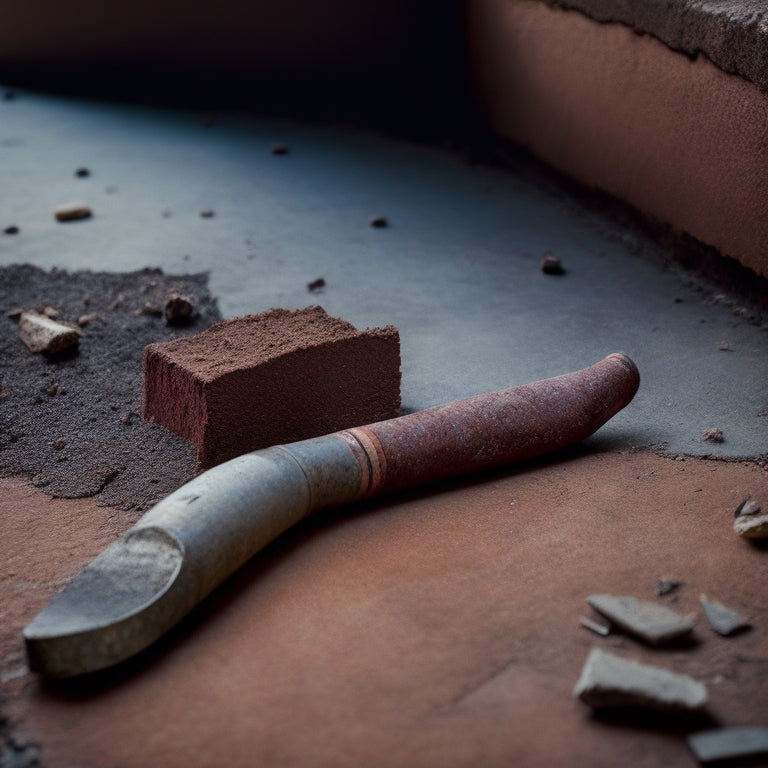 A worn, rusty cinder trowel lies on a cracked, gray concrete floor amidst scattered renovation debris, surrounded by old mortar, crumbling brick fragments, and a faint outline of a demolished wall.