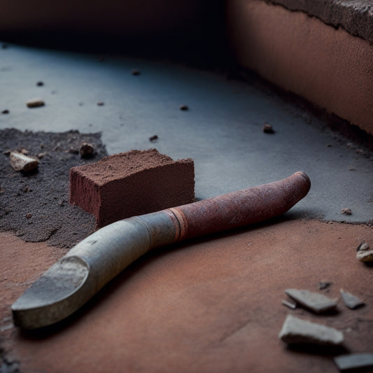 A worn, rusty cinder trowel lies on a cracked, gray concrete floor amidst scattered renovation debris, surrounded by old mortar, crumbling brick fragments, and a faint outline of a demolished wall.