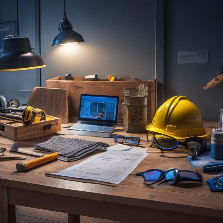 A modern, well-lit, and organized home renovation workspace with a hammer, level, and laptop on a table, surrounded by safety gear, such as hard hats and goggles, and a background of blueprints and tools.