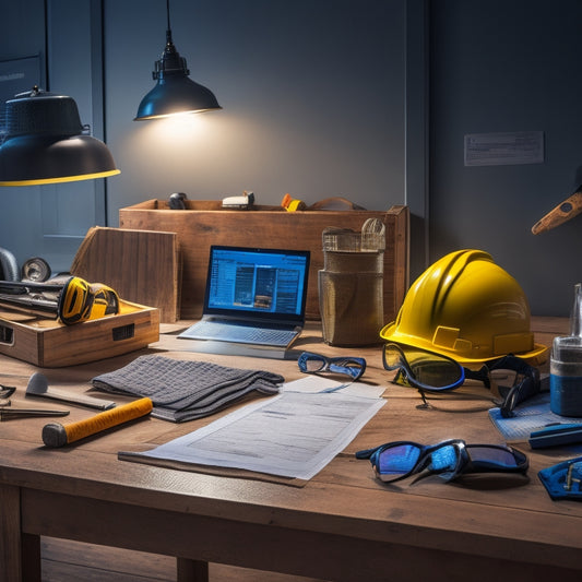 A modern, well-lit, and organized home renovation workspace with a hammer, level, and laptop on a table, surrounded by safety gear, such as hard hats and goggles, and a background of blueprints and tools.