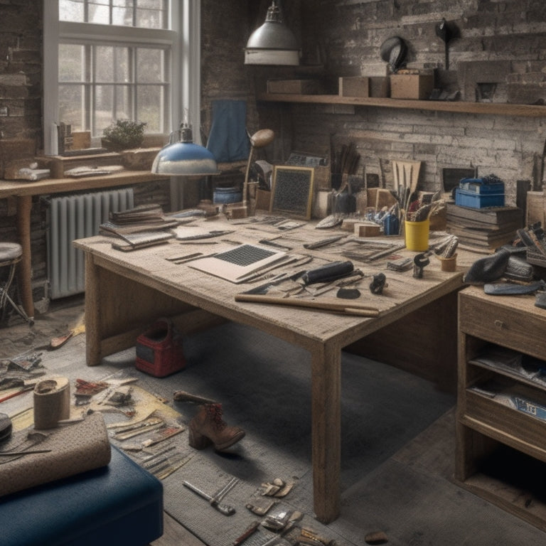 A cluttered workspace with scattered tools, blueprints, and debris contrasts with a tidy, organized space featuring a sleek toolbox, a hammer, and a level, surrounded by a renovated room with polished hardwood floors.