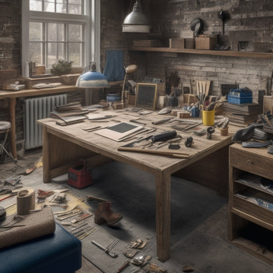 A cluttered workspace with scattered tools, blueprints, and debris contrasts with a tidy, organized space featuring a sleek toolbox, a hammer, and a level, surrounded by a renovated room with polished hardwood floors.