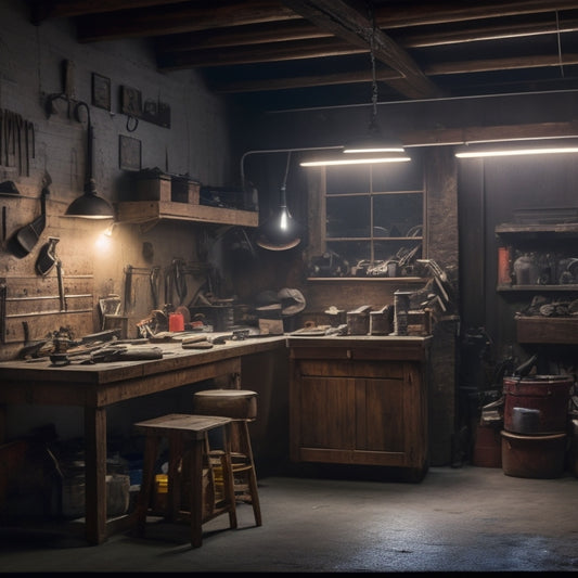 A cluttered, dimly lit garage workshop with a worn wooden workbench, scattered hand tools, and a faint blueprint on the wall, illuminated by a single, warm overhead lightbulb.