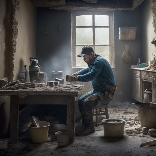 An image depicting a renovator in a dusty room, surrounded by scattered tools and debris, carefully applying a trowel to a cracked plaster wall, with a putty knife and bucket nearby.