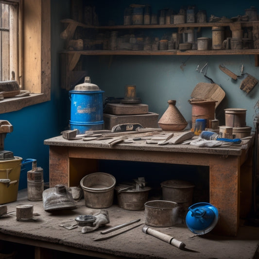 A cluttered workbench with a variety of plastering tools, including a hawk, trowel, joint knife, and sanding block, surrounded by buckets of plaster, a mixing bucket, and a dust-covered power drill.