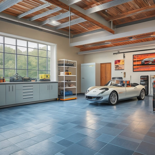 A spacious, well-lit garage with sleek, gray epoxy-coated floors, surrounded by cream-colored walls and cabinets, featuring a mix of modern and traditional tools, with a few sports cars in the background.